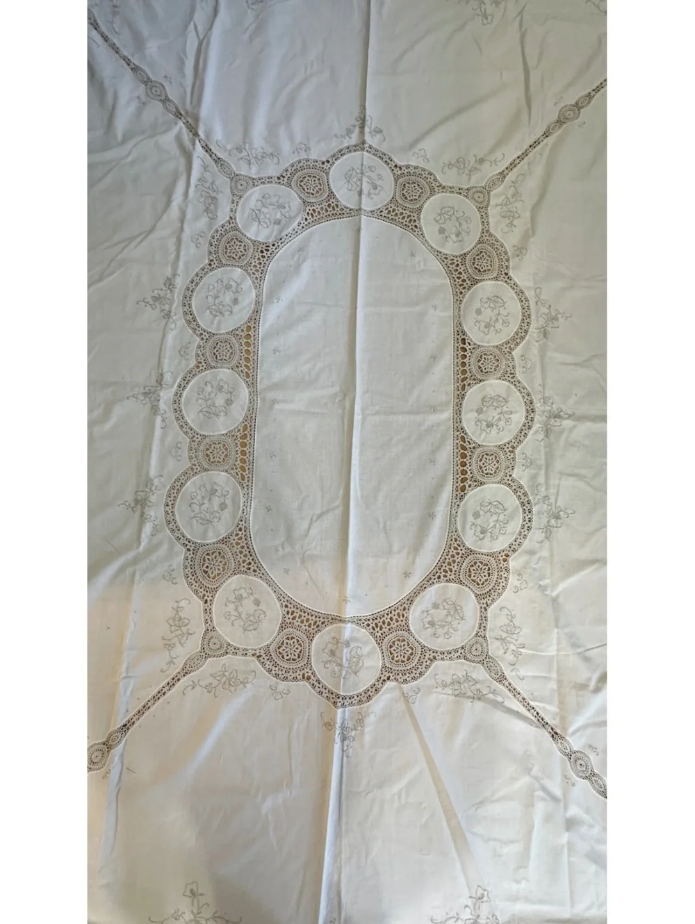 VTG MCM Cream Tablecloth & Taupe Embroidery Crocheted Accents 62x79 Cottagecore
